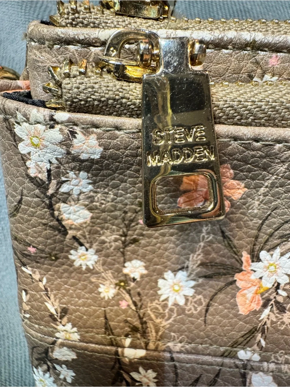 Steve Madden Brown Floral Cosmetic Pouch with Gold Accent